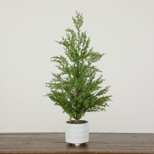 Nearly Natural 24" Artificial Norfolk Pine Christmas Tree in White Ceramic Planter